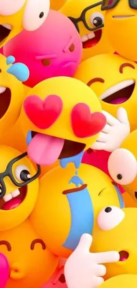 This live wallpaper features a vibrant collection of yellow emoticons that communicate various emotions, from laughter to love
