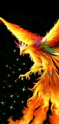 This intricate live phone wallpaper showcases a stunning fire bird soaring through the night sky