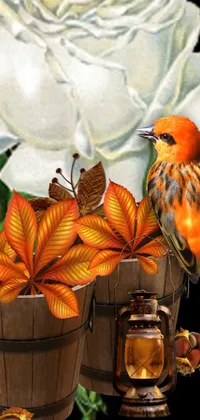 Enhance your phone wallpaper with a stunning illustration of a bird perched on a basket of leaves