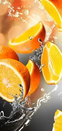 This captivating phone live wallpaper features a group of juicy oranges falling into a bowl of water, resulting in a burst of vibrant colors that will liven up your screen