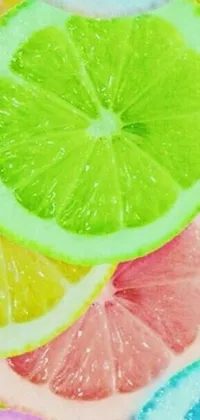 This phone live wallpaper features a colorful tower of fruit slices, including lime, kiwi, orange, passionfruit, and strawberry, arranged on top of each other