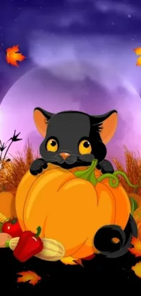 This phone live wallpaper depicts a digital art of a black cat perched on a pumpkin, perfect for the Halloween season