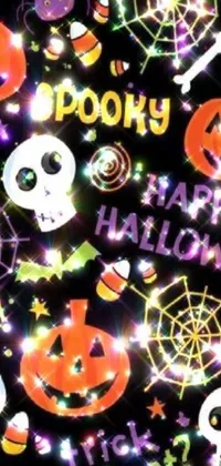 Get into the Halloween spirit with this spooky phone live wallpaper! Designed by Ingrida Kadaka, this digital rendering showcases a variety of Halloween-themed items, including pumpkins, bats, witches' hats, and ghosts