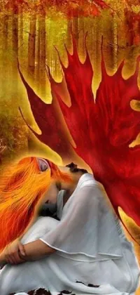 This live wallpaper depicts a dreamy and fantastical painting of a woman with flowing orange hair, wearing a vibrant red leaf on her head and surrounded by a fascinating artwork featuring a dragon kissing her neck