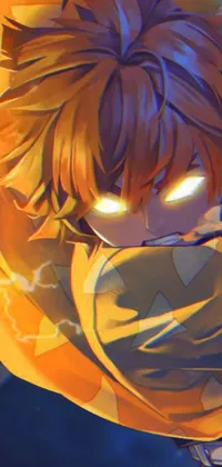 Looking for a striking and dynamic phone wallpaper? Look no further than this digital art design! This anime-style wallpaper features an orange-haired character holding a knife, surrounded by glowing lightning