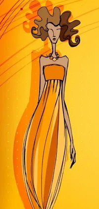 This phone live wallpaper depicts a digital rendering of a fashionable woman wearing a bright yellow dress, with an orange color scheme