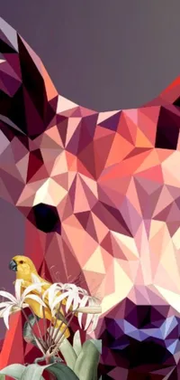This live phone wallpaper features a detailed polygonal style portrait of a cartoon animal sitting on a flower, with a deer in the background