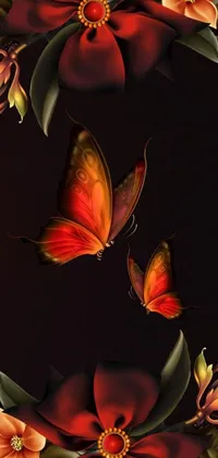 This digital live wallpaper features a close up of a realistic flower with a butterfly resting on it, rendered in a dark color scheme with a red and orange flower pattern
