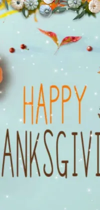 This phone live wallpaper depicts a joyful Thanksgiving card with autumnal leaves and pumpkins