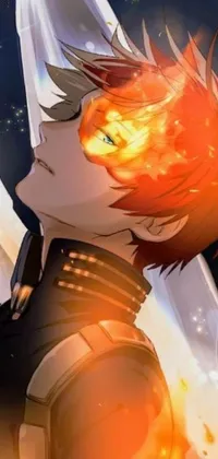 This dynamic phone live wallpaper features a closeup of an anime boy with fiery orange hair and a fiery head