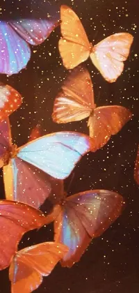 This live wallpaper showcases a delightful swarm of colorful butterflies gracefully flying against a holographic background