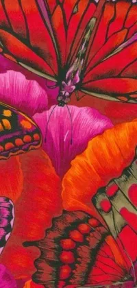 This live wallpaper showcases a breathtaking painting of vibrant red, pink, and orange butterflies up-close with extreme detail