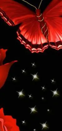 This mesmerizing phone live wallpaper features a striking red butterfly resting atop a red rose with glowing neon flowers and stars set against a shimmering background