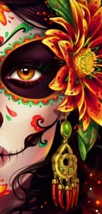 This stunning live wallpaper features a highly detailed and captivating painting of a beautiful woman with a flower in her hair, inspired by sugar skulls