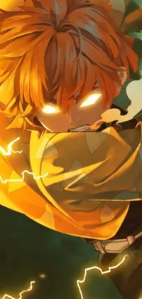 This phone live wallpaper features a fiery artwork with an orange-haired anime boy holding a cell phone