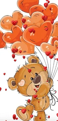 This live wallpaper showcases a charming brown teddy bear holding a gorgeous bouquet of vibrant red balloons in stunning vector art