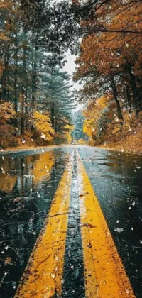 Get ready for a mesmerizing smartphone live wallpaper capturing a photo-realistic scene of a wet road with a yellow line in the middle