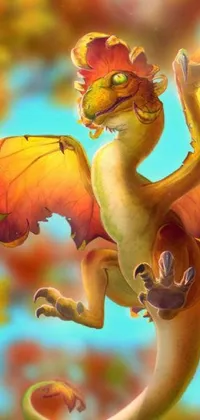 This live phone wallpaper features an eye-catching digital painting portraying a yellow and orange dragon in-flight with intricate detail