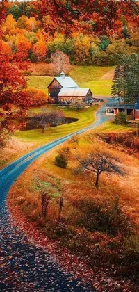 This phone live wallpaper depicts a scenic country road and farm in the background captured in high-definition image from shutterstock