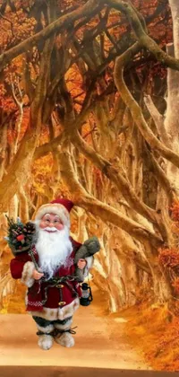 Looking for a festive live wallpaper to get you in the holiday spirit? Look no further than this beautiful scene featuring a jolly Santa Claus standing amidst a peaceful forest landscape