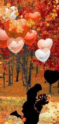 This phone live wallpaper features a woman holding red and white balloons against an autumn background