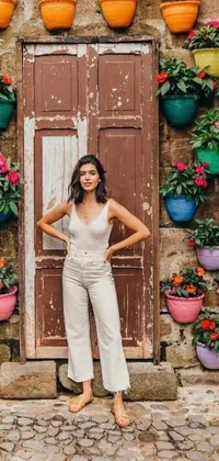 This live wallpaper features a woman standing in front of a wall of potted plants, wearing white pants and having a contemplative expression on her face