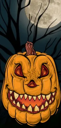 This phone live wallpaper depicts a Halloween pumpkin with fangs and glowing eyes against a full moon in the background