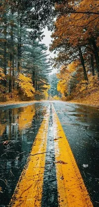 This phone live wallpaper features a stunning image of a yellow line in the middle of a road, surrounded by a beautiful environment with water-logged streets and raindrops falling down the screen