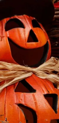 This phone live wallpaper showcases a vibrant orange pumpkin with a green hat, set against a background of orange ribbons and a carved wood frame