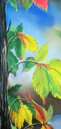 This mobile wallpaper showcases a stunning painting of tree leaves on a trunk