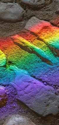 This live wallpaper features a stunning rainbow painted on the ground beside rocky terrain, showcasing vibrant and bold colors representing diversity and inclusivity