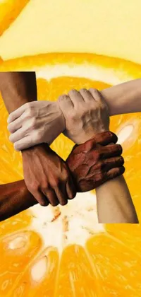 This live phone wallpaper showcases a group of people standing side by side and holding hands in front of a vibrant orange background
