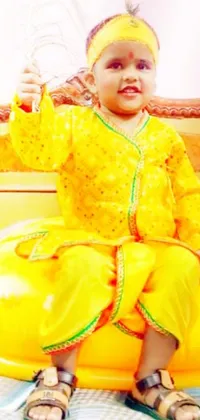 This lively phone wallpaper features a bright yellow floating pool device with a cheerful baby wearing a traditional Indian outfit