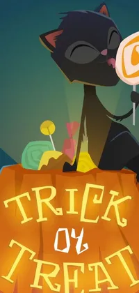 This live wallpaper depicts a spooky Halloween scene with a vector art black cat perched on top of a glowing pumpkin
