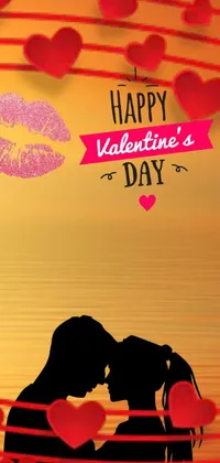This phone live wallpaper offers a beautiful and romantic image of a couple in love kissing in front of a heart-filled background with the words "Happy Valentine's Day