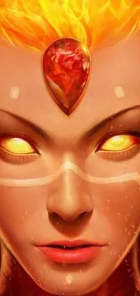 Adorn your phone screen with a mesmerizing live wallpaper featuring concept art of a woman with flames on her head and gemstone eyes