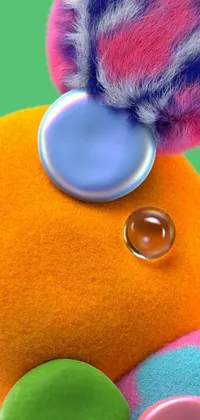 This phone live wallpaper features a cute stuffed animal in close-up, set against a vibrant green background, with colorful bubbles floating in the background