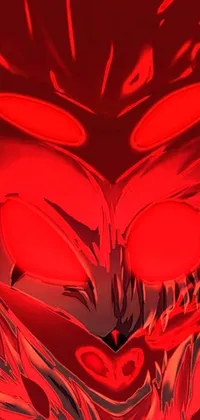 This live phone wallpaper features an intense and menacing close-up of a demonic face on a red background with yellow glowing eyes and sharp teeth