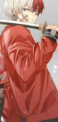 This energizing live wallpaper features an anime depiction of a red jacketed man holding a sword