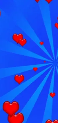 This phone live wallpaper features a cute pop art design of cartoonish red hearts floating in the air against a bright blue background with rays of blue sunshine