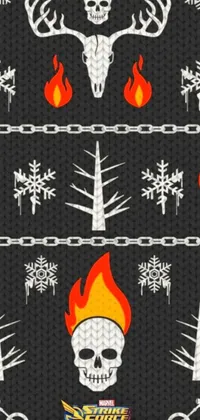 This live wallpaper features a unique pattern of skulls and snowflakes on a black background, contrasted by dark gray images of chains, burning trees, and conflicting flames