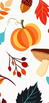 Decorate your phone with this enchanting live wallpaper featuring colorful autumn leaves, berries, and mushrooms on a white background