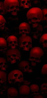 This stunning live phone wallpaper features an eerie and haunting image of a large group of skulls, each one intricately detailed and unique in its appearance
