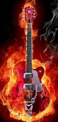Get ready to rock your phone screen with a fiery Guitar Inferno live wallpaper! From Gavin Nolan's digital art collection, this striking design features an electric guitar in flames against a black background, with fiery red hues dominating the color theme