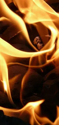 This live wallpaper captures the intense flames of a fire with a wooden chaos magick symbol at the center