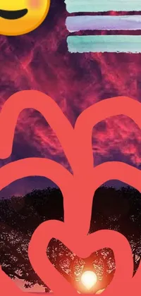 This live wallpaper features a red heart and smiley face against a sunset backdrop