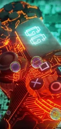 This dynamic live phone wallpaper features a close-up of a cyberpunk-style video game controller, adorned with intricate circuitry and glowing lights