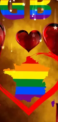 This vibrant phone live wallpaper features a colorful rainbow heart surrounded by intricate hearts and the letters "lgbt"