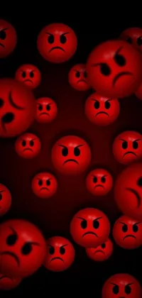 This energetic live wallpaper features multiple red smiley faces with different expressions that evoke fear and disgust on a dark black backdrop