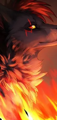 This stunning live wallpaper features an incredible digital painting of a wolf standing in front of a blazing fire